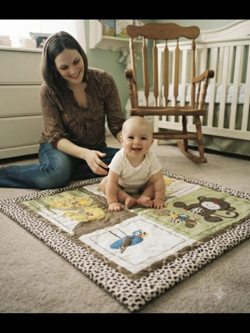 Safari Animals Patchwork Baby Quilt Crawling Tummy Time Blanket- Green and Brown